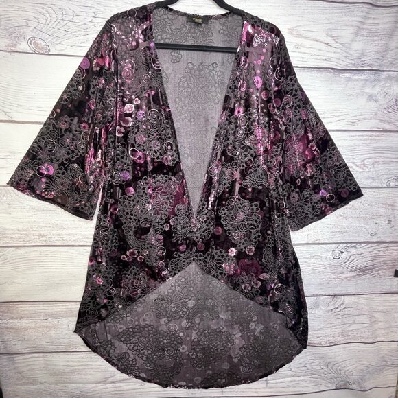 Vintage Espresso Burnout Velvet Kimono L Purple Black Gray FloralPolkDot Stretch - Picture 1 of 12